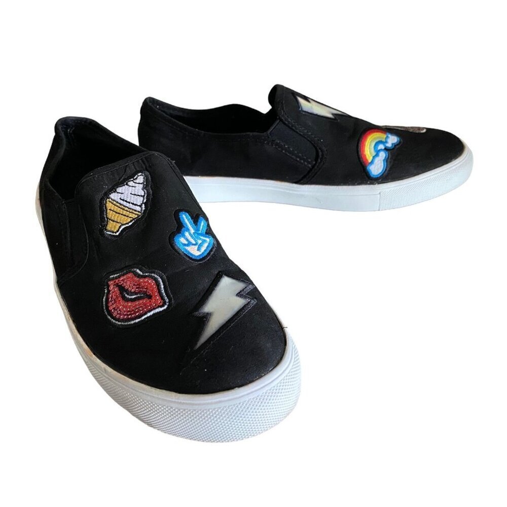 Madden Girl Comic Emoji Sneakers in Black Patchwork Slip-Ons 90s Women's Size 10